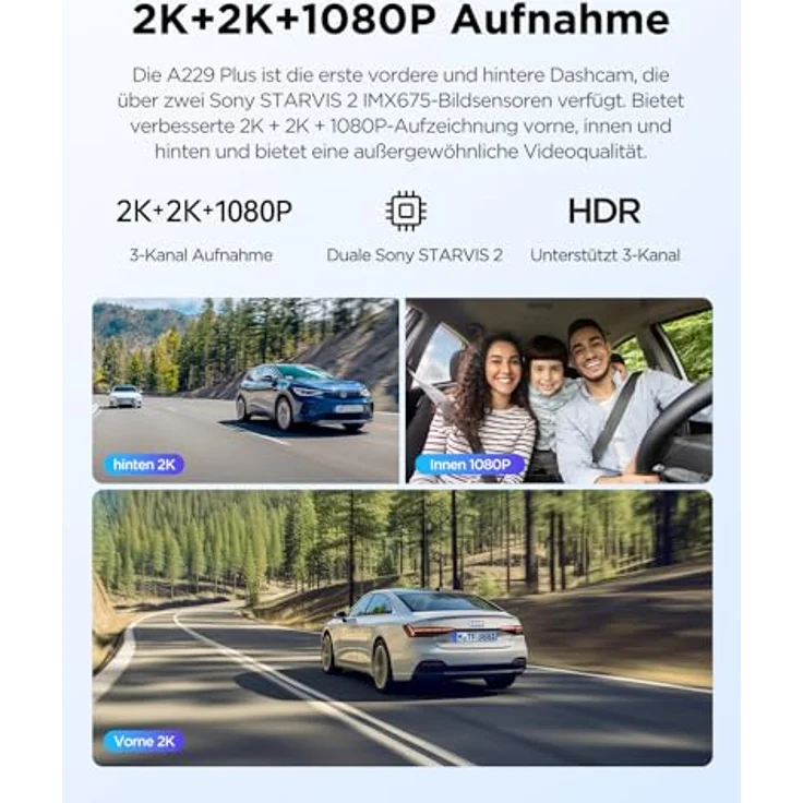 VIOFO A229 Plus 3 Lens 2K + 2K + 1080P, Dual STARVIS 2, HDR Vorne hinten Dashcam Auto, Sprachsteurung & 5GHz Wi-Fi WLAN Autokamera, Ultrapräzises GPS, Super Nachtsicht 2.0, Sprachausgabe, 512 GB Max – Bild 2