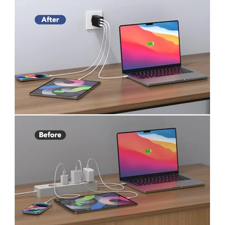 Anykon 65W USB C Ladegerät, 3-Port USB Schnellladegerät mit 2M Ladekabel, kompatibel mit MacBook Air/Pro M1/M2 und iPhone 16 Pro Max/15/14/13, intelligentem Chipschutz, tragbar und effizient – Bild 4