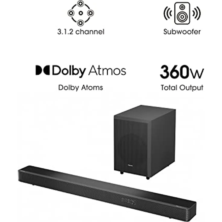 Hisense AX3120G 3.1.2 Soundbar mit kabellosem Subwoofer, 360W, Dolby Digital Plus, Dolby Atmos, Bluetooth, HDMI eARC/Optical/AUX/USB, Schwarz (2024) – Bild 3