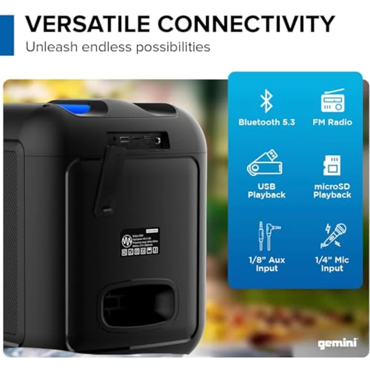 Gemini Sound GGO-650L, tragbare Bluetooth-Boombox 100W mit LED-Partybeleuchtung, TWS-Kopplungsfunktion und Funkmikrofon, aufladbarer Akku, 10 Stunden Laufzeit, USB und AUX – Bild 4