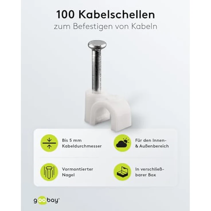 Goobay 17077 Kabelschelle für Kabel mit Kabeldurchmesser bis max. 5,0 mm weiß (100 Stück) – Bild 2
