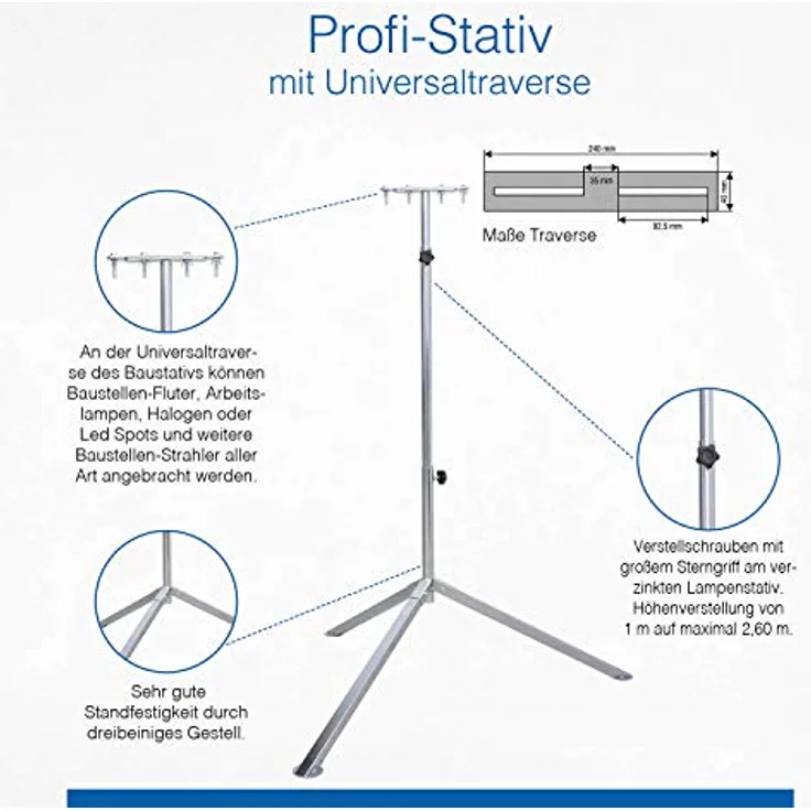 as - Schwabe Profi Stativ für LED-Strahler - Halogen-Strahler – Stativ mit Universaltraverse geeignet zur Halterung von Baustrahlern und Leuchten I Höhenverstellbar bis 2,60 m – Verzinkt I 46750 – Bild 5