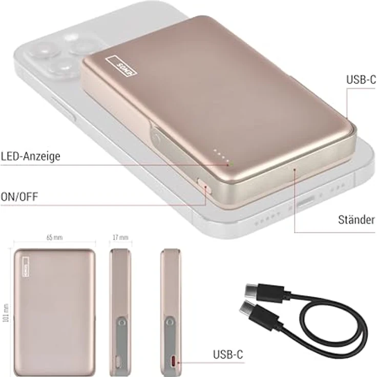 EMOS Powerbank WI 1031, 10.000 mAh, magnetischer externer Akku mit Passthrough und Wireless-Charging, USB-C-Port, Rosagold – Bild 5