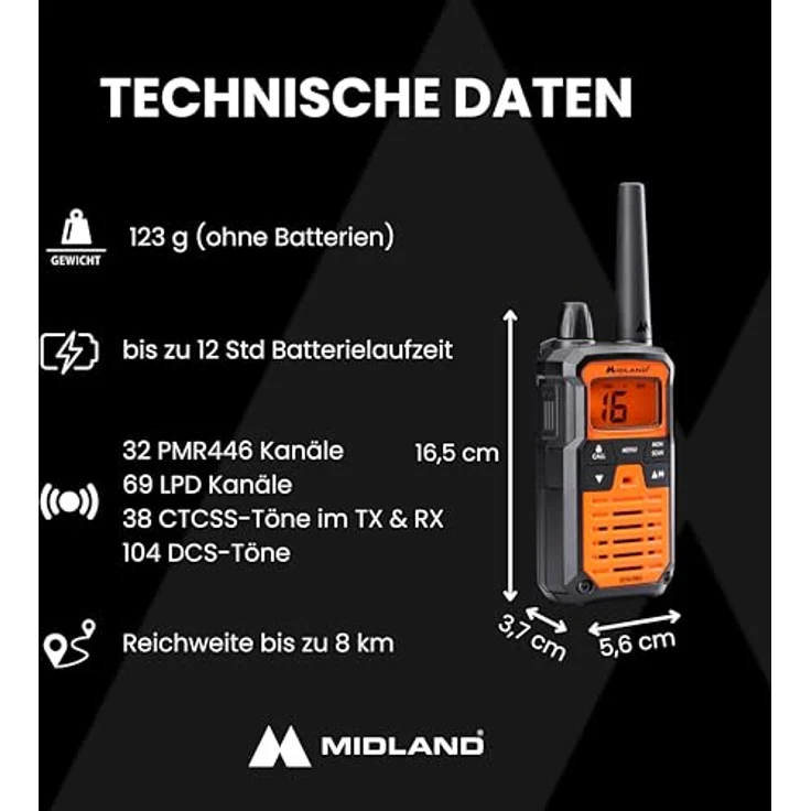 Midland XT70 Pro Kofferset, PMR+LPD Handfunkgerät mit 16 PMR446 und 69 LPD Kanälen, orange – Bild 6