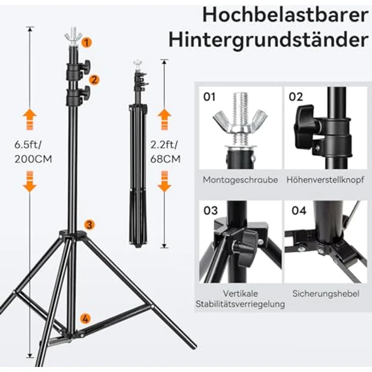 Heysily Fotohintergrund Schwarz mit Ständer 2x2m & 1.5x2m – Waschbares, rutschfestes Tuch Backdrop Set für Fotostudio, Porträts und Streaming, höhenverstellbar von 68–200 cm – Bild 3