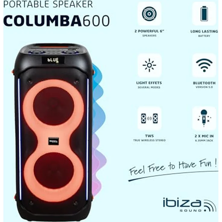 Ibiza COLUMBA600, leistungsstarker PA-Lautsprecher mit 2x6,5" Schallwand, wiederaufladbarer Batterie, Bluetooth, Micro-SD, USB, AUX, 2 MIC IN, TWS, mehrfarbige LED und Tragegriff – Bild 3