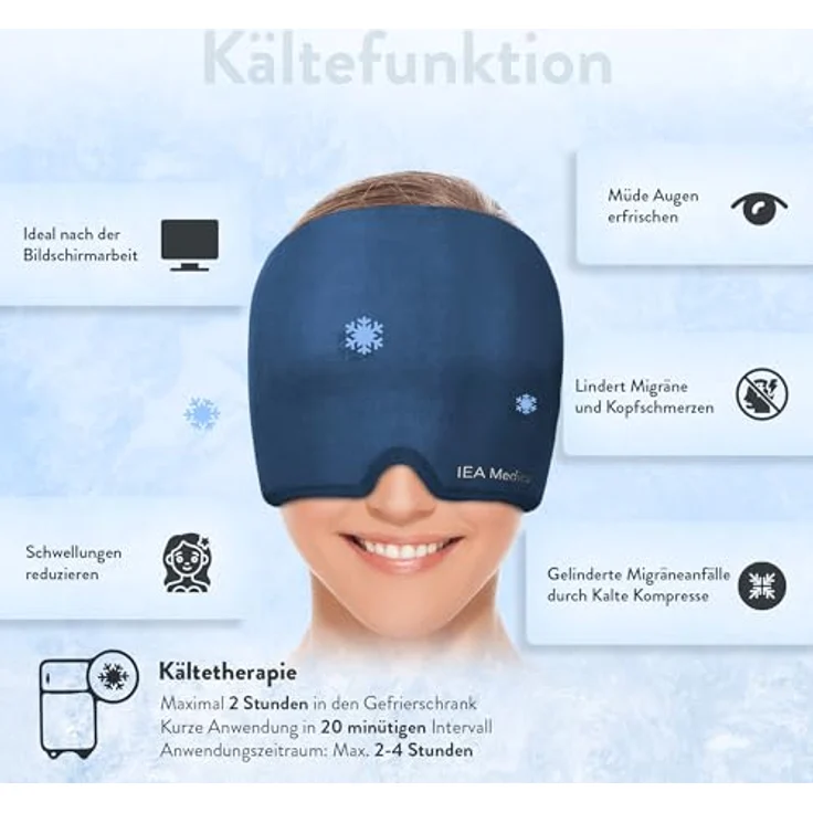 IEA Medical Migräne Maske, 360° Kühlmaske mit flexiblem Kälte- und Wärmetherapie, hygienischem Verschlussbeutel, für Kopfschmerzen und Entspannung – Bild 4