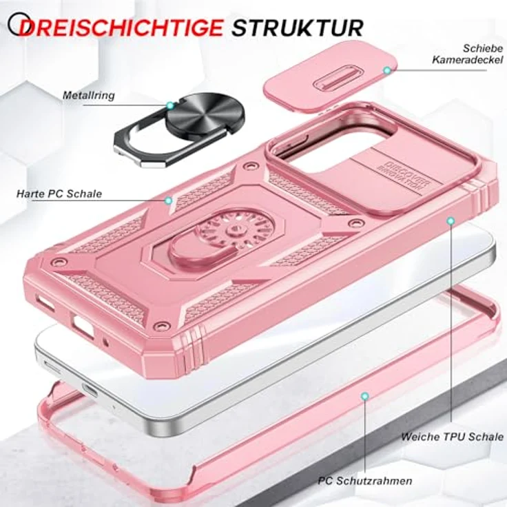 LeYi Militär Hülle für Samsung Galaxy A17 5G, Kamera Schieber mit Objektivschutz und 2 Displayschutz, Rosa, Armor Schutzhülle mit Stehfunktion und Ringhalterung – Bild 3