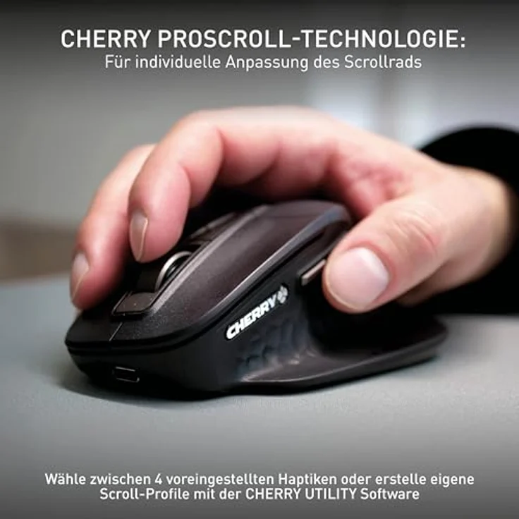 CHERRY Stream Mouse Ultimate, Ergonomische Multi-Device-Maus für bis zu 4 Geräte, Bluetooth, 2,4 GHz & Kabel, Anpassbares Scrollrad, für Rechtshänder, schwarz – Bild 3