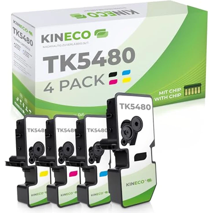 Kineco Toner TK5480, kompatibel mit Kyocera ECOSYS, 4er Set CMYK, 1.250 Seiten pro Farbe, inklusive Füllstandschip – Bild 1