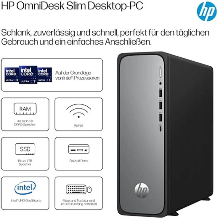 HP OmniDesk S03-0136ng, Desktop-PC mit Intel Core i3-14100, 16 GB RAM, 512 GB SSD, Meteorsilber und Schwarz, Windows 11 Home, Wi-Fi 6, Bluetooth 5.4 – Bild 5