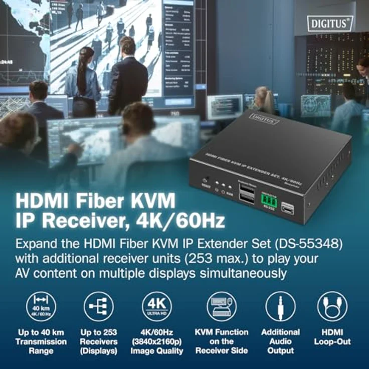 Digitus HDMI Fiber KVM IP Receiver, 4K/60Hz, KVM Switch, Schwarz - Flexible Punkt-zu-Multipunkt-Verbindung, latenzarme Videoübertragung, 3,5-mm-Stereoanschluss – Bild 2