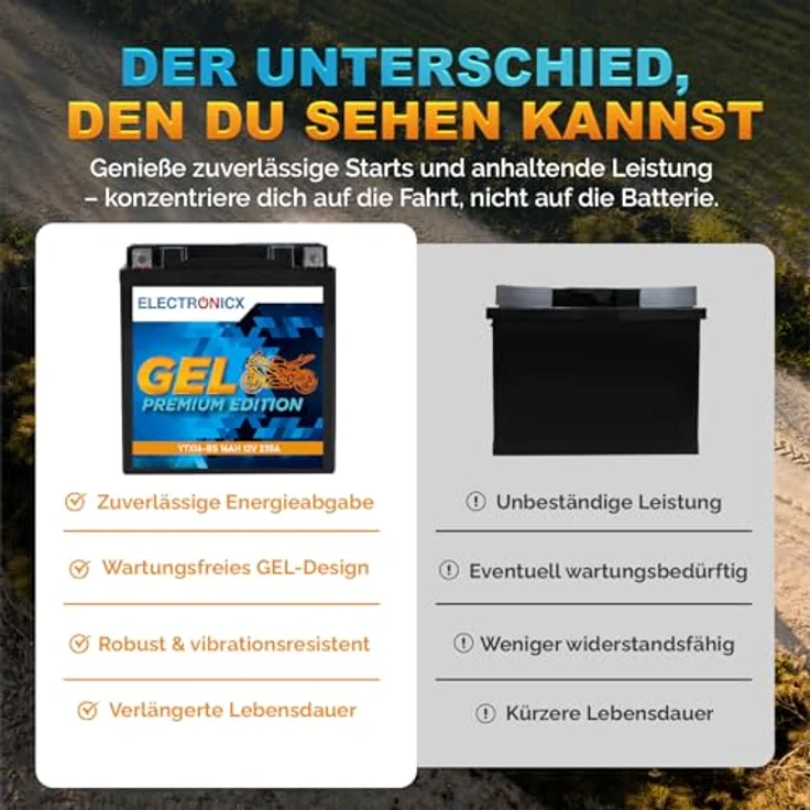 Electronicx Extreme Edition GEL Motorradbatterie 16Ah 12V für Motorrad, Roller, Quad & ATV - wartungsfrei, rüttelfest, auslaufsicher, tiefentladungsfest – Bild 7