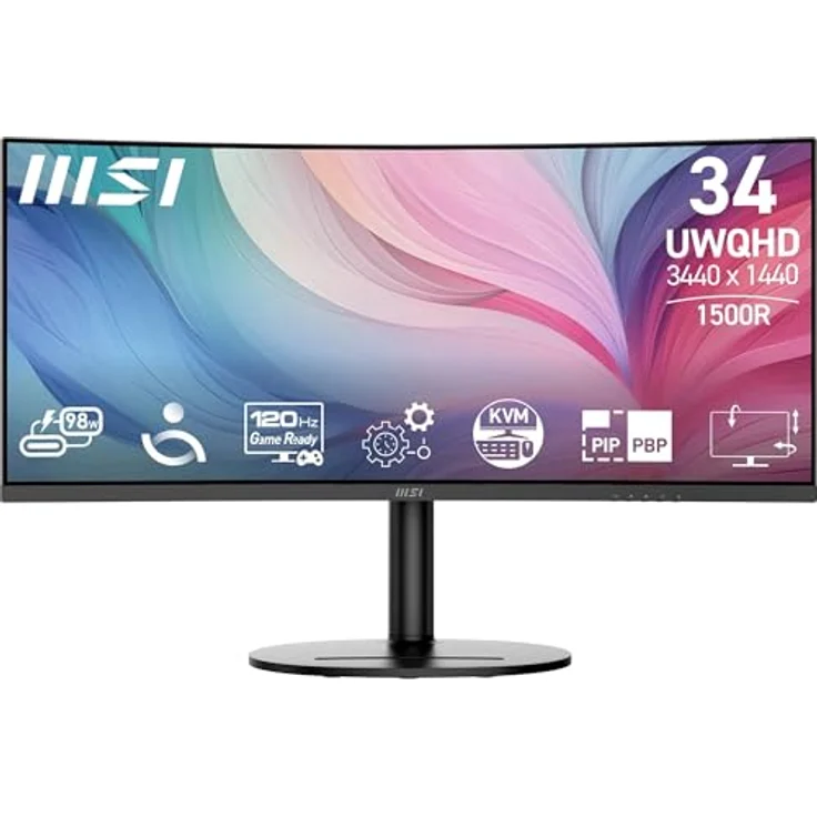 MSI Modern MD342CQP, 34 Zoll UWQHD Curved Monitor 1500R – VA-Display 3440 x 1440, KVM, Pip/PBP, 3-Achsen verstellbar, integrierte Lautsprecher, Augenkomfort – Bild 1