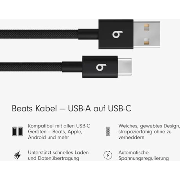 Beats USB-A auf USB-C Gewebte Kabel, 2er-Pack, Langlebiges und Verwicklungsfreies Design, Schnellladen bis 15 Watt, 1,5 m – Power-Schwarz – Bild 2