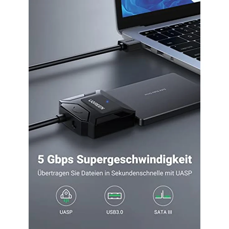 UGREEN USB 3.0 auf SATA Kabel UASP USB SATA Kabel USB 3.0 SATA Kabel Festplatten Dockingstation für 2,5"/3.5" SATA I II III Festplatten Laufwerke HDD/SSD mit 12V/2A EU Netzadapter - Schnelle Datenübertragung bis zu 6Gbps – Bild 2
