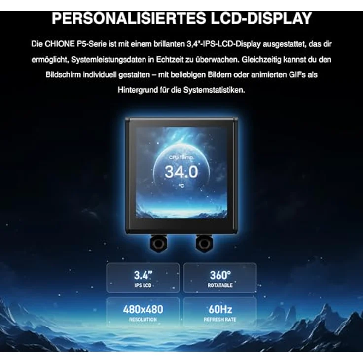 GAMDIAS CHIONE P5, 360-mm-AIO-CPU-Wasserkühler mit drehbarem magnetischem 3,4-Zoll-IPS-LCD-Display, ARGB-PWM-Lüftern und universeller Kompatibilität für Intel LGA 1851 und AMD AM5, Schwarz – Bild 3