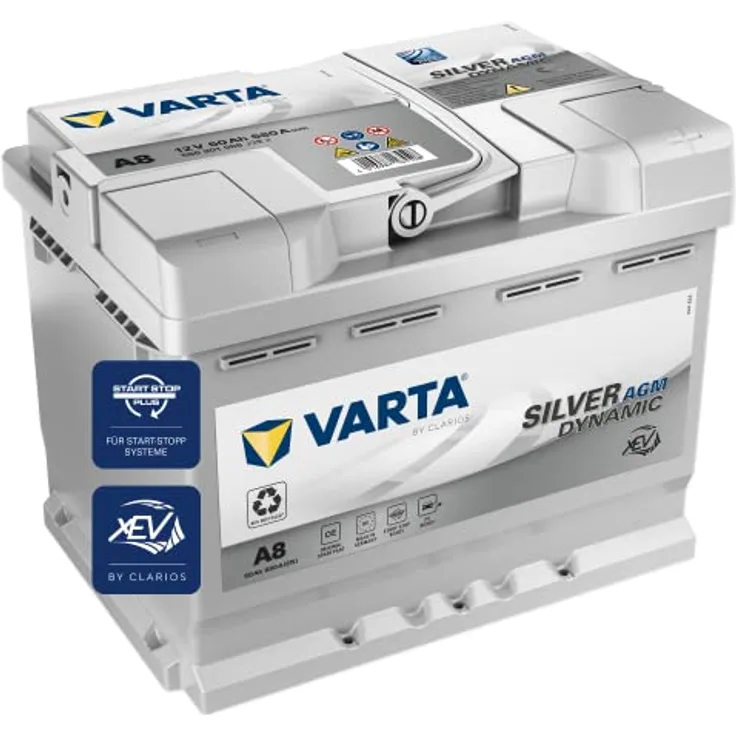 VARTA A8 Silver Dynamic AGM, 12V 60Ah 680A Autobatterie für Start-Stop-Systeme, auslaufsicher und rüttelfest
