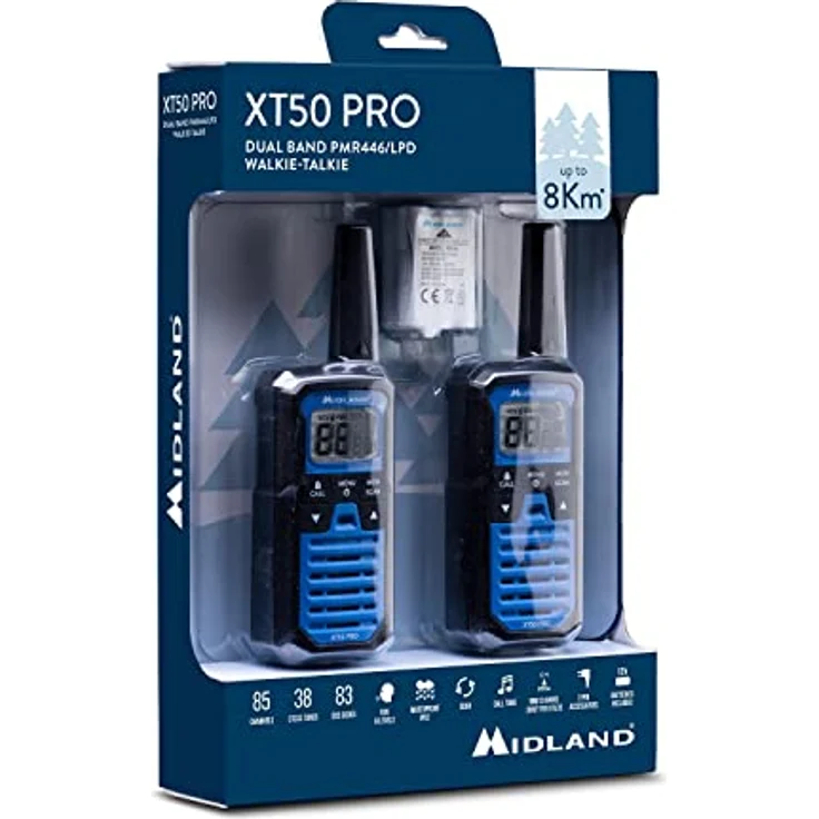 MIDLAND Walkie Talkie XT50 Pro Duo, Dual Band LPD/PMR446, 85 Kanäle, Reichweite bis 8 km, schwarz/blau – Bild 5