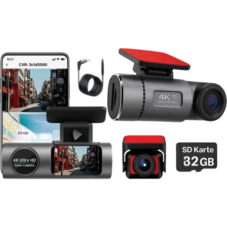Goldstern-Tech Dashcam GPS, 4K Ultra HD mit Nachtsicht und Parkmodus, WLAN, 32GB SD-Karte, 170° Weitwinkel