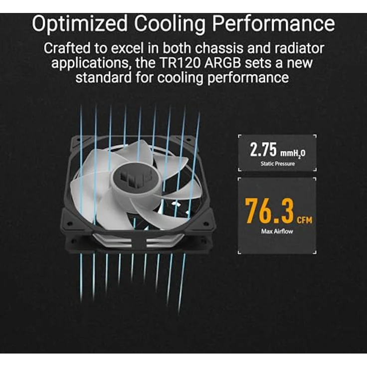 ASUS TUF Gaming TR120 ARGB Reverse Blade Black 3IN1 Gehäuselüfter 3er Pack, PWM, 2000 rpm, 2.75 mm H2O, 76,3 CFM, 16 RGB-LEDs – Bild 3