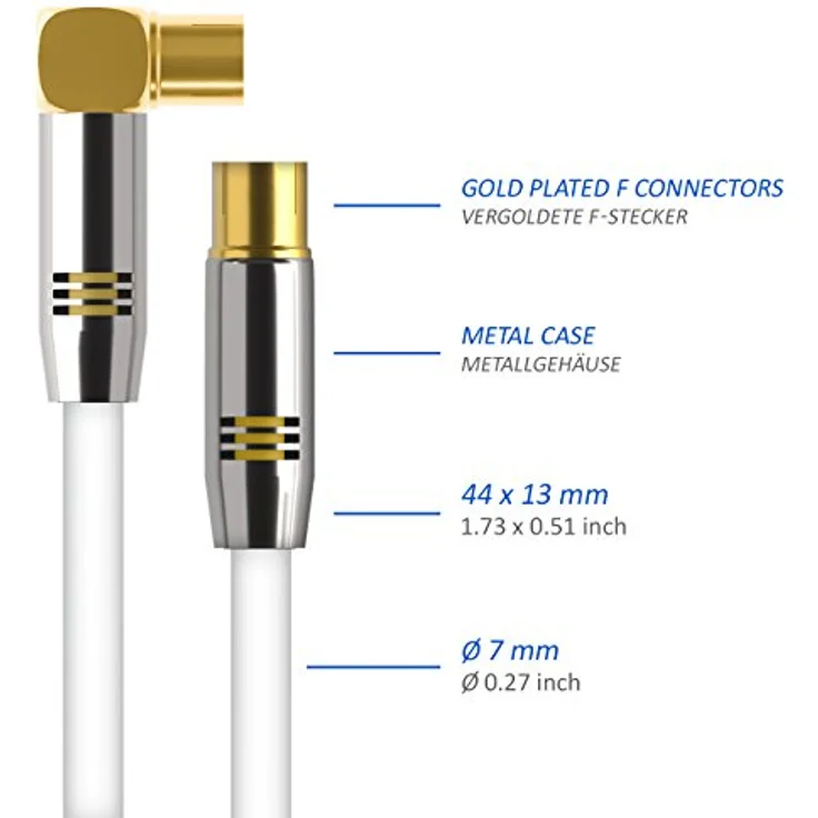 deleyCON 5m TV Antennenkabel PREMIUM HDTV Full HD - 1x gewinkelt - Koaxialkabel - TV-Stecker (gerade) zu TV-Buchse (90° Grad) - Weiß - METALL – Bild 4