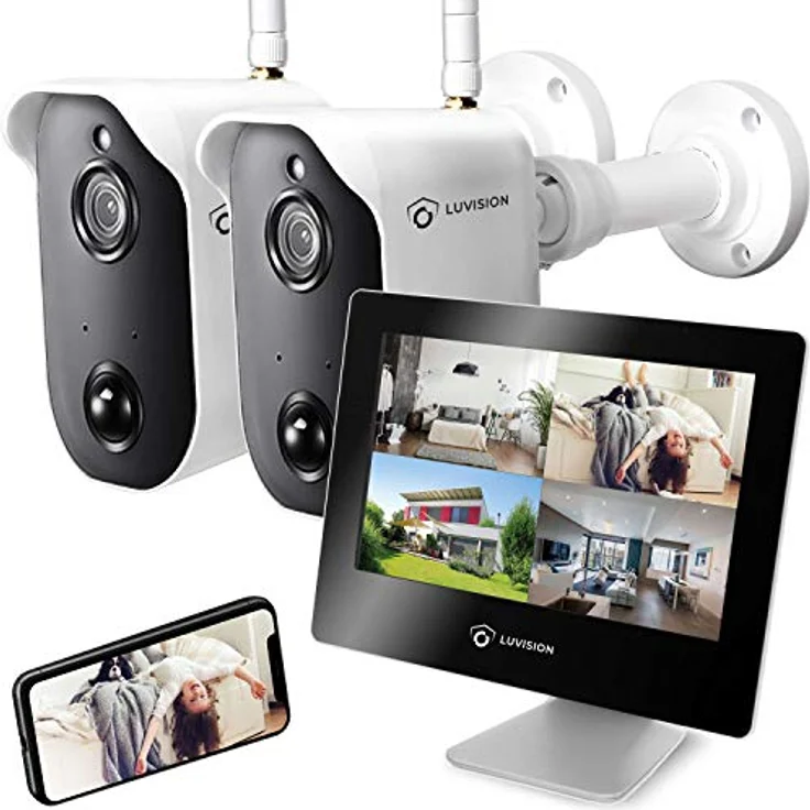 LUVISION Akku-Überwachungskamera Full HD & Monitor Set Funk kabellos mit Bewegungserkennung Gegensprechanlage Nachtsicht App Solar + Flutlicht kompatibel [Set 2 x Kamera 1 x Monitor] – Bild 1