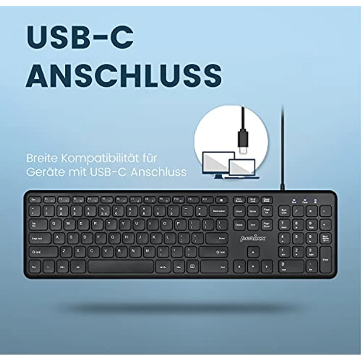 Perixx PERIBOARD-210C DE Kabelgebundene Standard USB-C Tastatur mit leisen Scherenstrukturtasten, Kompatibel mit Mac, iPad, Windows, Chromebook, Tablets und Desktop-PC, Schwarz, QWERTZ – Bild 2