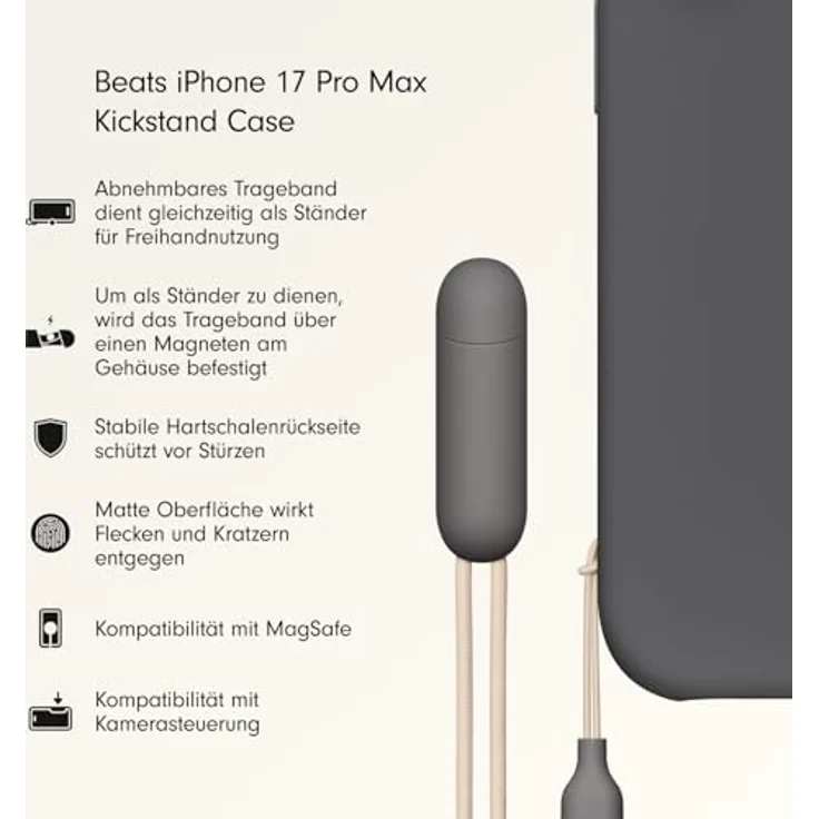 Beats iPhone 17 Pro Max Kickstand Case, MagSafe-kompatibel mit integrierter Trageschlaufe und Kamerasteuerung, matte Außenseite mit Mikrofaser-Innenfutter – Granitgrau – Bild 2