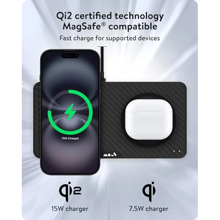 Mous Dual Ladestation Qi2, 15W Schnellladung mit MagSafe-Kompatibilität, USB-C Kabel, Aramidfaser – Bild 3