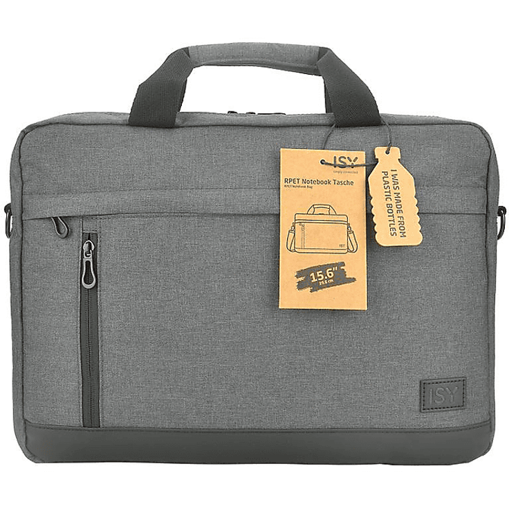 ISY INB 2156-1-GY Notebooktasche Umhängetasche aus recyceltem PET, Grau, mit gepolstertem Hauptfach und verstellbarem Schultergurt