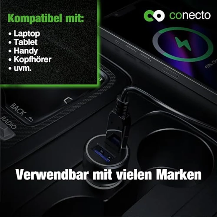 SatChef conecto USB-C KFZ Ladegerät, 12 V, 2 Port, 20W USB-C PD & 18W USB-A, GaN Schnellladegerät, automatische Ladestromerkennung, schwarz – Bild 3