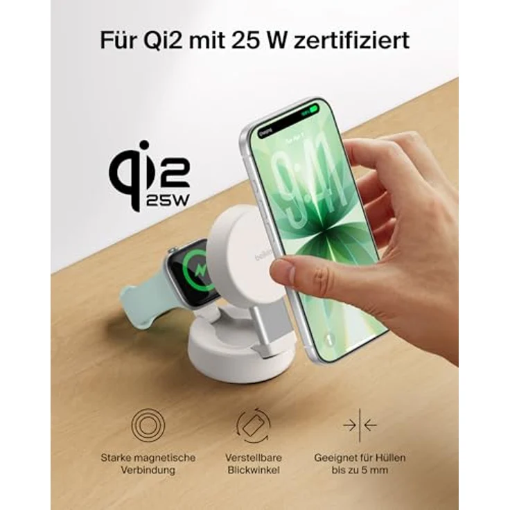 Belkin UltraCharge Pro MagSafe Ladegerät, Induktive 2-in-1 Ladestation mit Qi2.2, 25W Schnellladung für iPhone 17 und Apple Watch Series 10, inkl. 45-W-Netzteil – Sandfarben – Bild 5