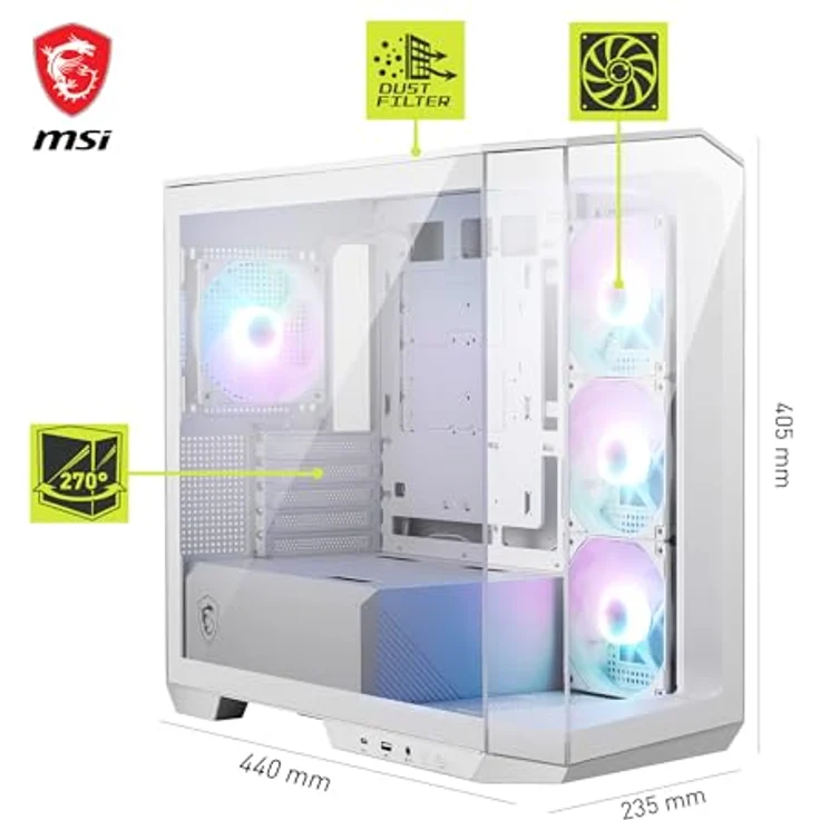 MSI Mag Pano M100R PZ (mATX, ITX), PC Gehäuse, Weiss mit 270-Grad-Panorama-Display und Reverse-Blade-Lüfter – Bild 3
