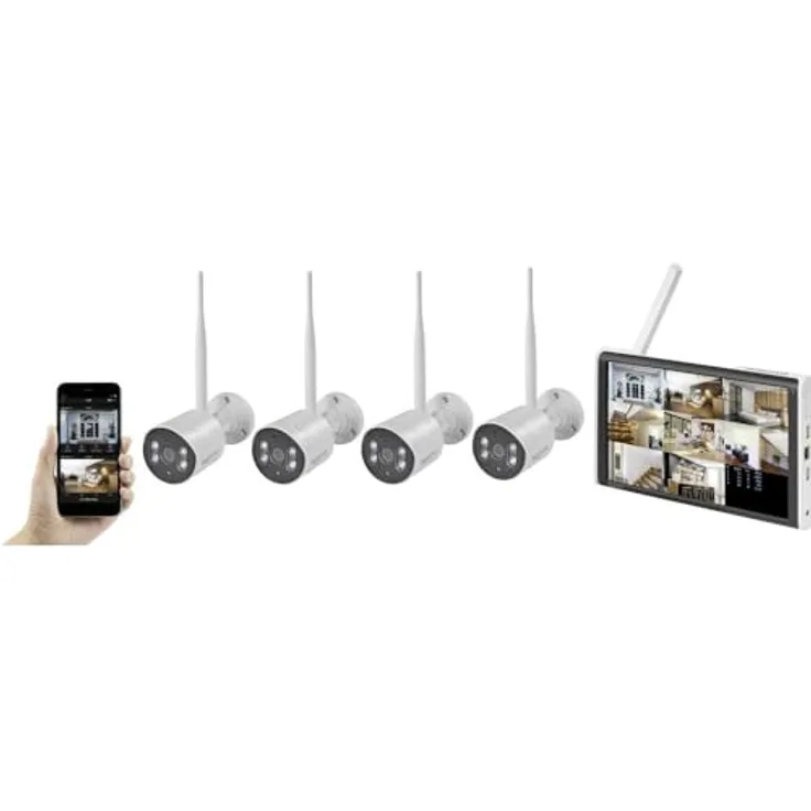 Sygonix Funk-Überwachungskamera-Set SY-5046554 8-Kanal mit 4 Kameras 1920 x 1080 Pixel 2.4 GHz, inkl. 25,6 cm LCD Monitor