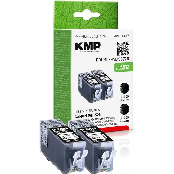 KMP C72D Tintenpatronen, Doppelpack, ersetzt Canon PGI-520BK, 2x schwarz, je 19ml Füllmenge