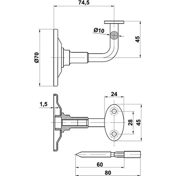 MS BESCHLÄGE Handlaufhalter Stangenhalter Geländerhalter Wandhalter Schwarz Metall 70mm – Bild 3