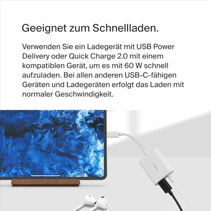 Belkin RockStar 3,5mm Audio- und USB-C Ladeadapter, 60W Schnellladung, kompakt, weiß – Bild 3