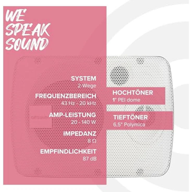 Artsound ASW65.2, 2er-Set wasserdichte Lautsprecher, 2-Wege-HiFi-Lautsprecher, 20-140 Watt, mit, Weiß – Bild 6