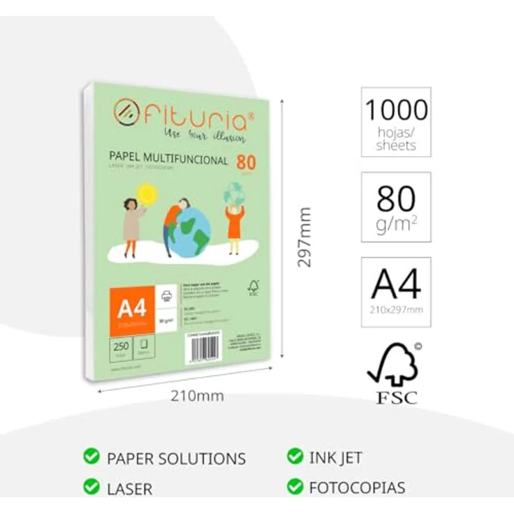 OFITURIA DIN A4 Druckerpapier, 1000 Blatt, 80g/m², weiß, multifunktional für Laser- und Tintenstrahldrucker – Bild 2
