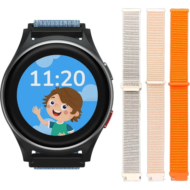 Anio 6 Kinder Smartwatch mit GPS & Anruffunktion, 4G, IP68, 1,09 Zoll Touchscreen, gratis 3 Textilarmbänder in orange, grau und beige