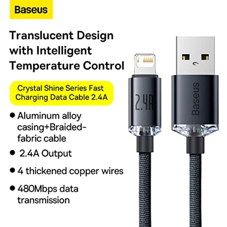 Baseus Crystal Shine Series USB-Kabel, 2.4A für schnelles Aufladen und Datenübertragung, 1.2m, schwarz – Bild 7