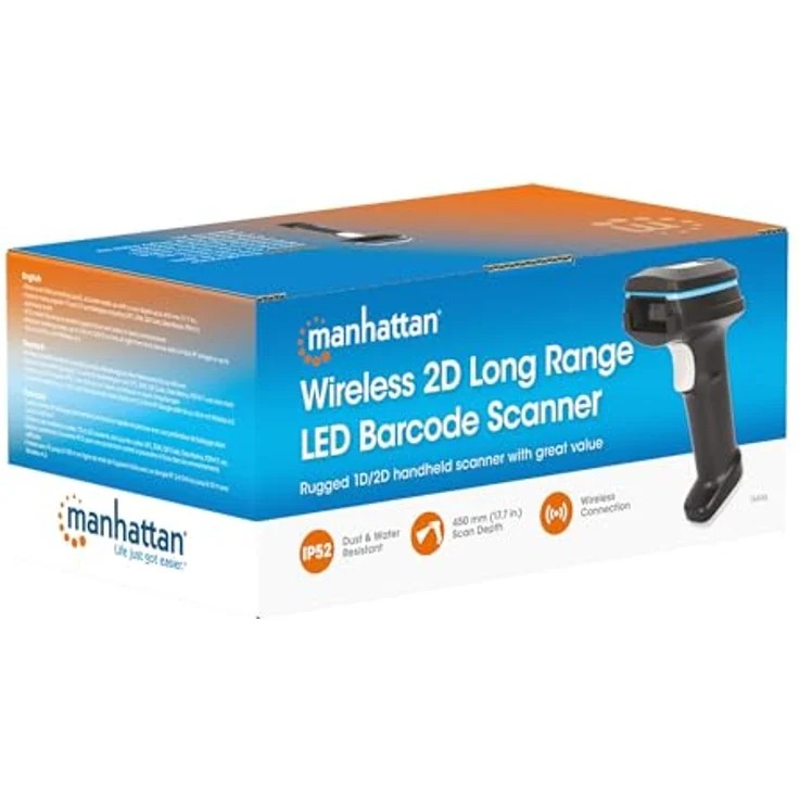Manhattan Kabelloser 2D Long Range LED-Barcodescanner, 1D/2D Barcode-Scanner mit 80 m Reichweite, IP52 Schutz, Schwarz – Bild 2
