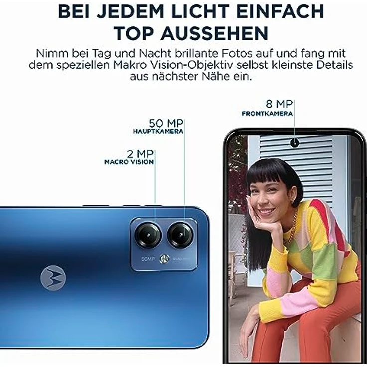 Motorola Moto g14 Smartphone (6,5"-FHD+-Display, 50-MP-Kamera, 4/128 GB, 5000 mAh, Android 13) Sky Blue, inkl. Schutzcover + KFZ-Adapter [Exklusiv bei Amazon] – Bild 4