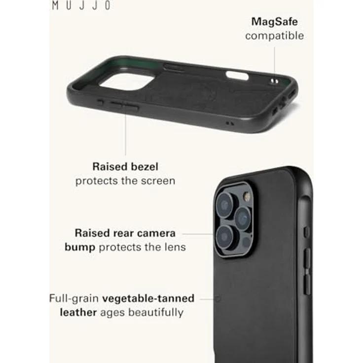 Mujjo Leather Shield Case iPhone 16 Pro Max Schwarz - Impactcore-Technologie, Magsafe-Leistung, europäisches Leder – Bild 2