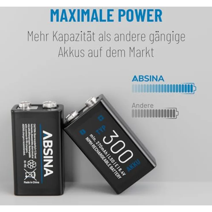 ABSINA 2X 9V Akku Block wiederaufladbar 300 mit geringer Selbstentladung - NiMH Akku mit 270mAh, 8,4V - E Block 9V Batterie, 9V Batterie Akku – Bild 5