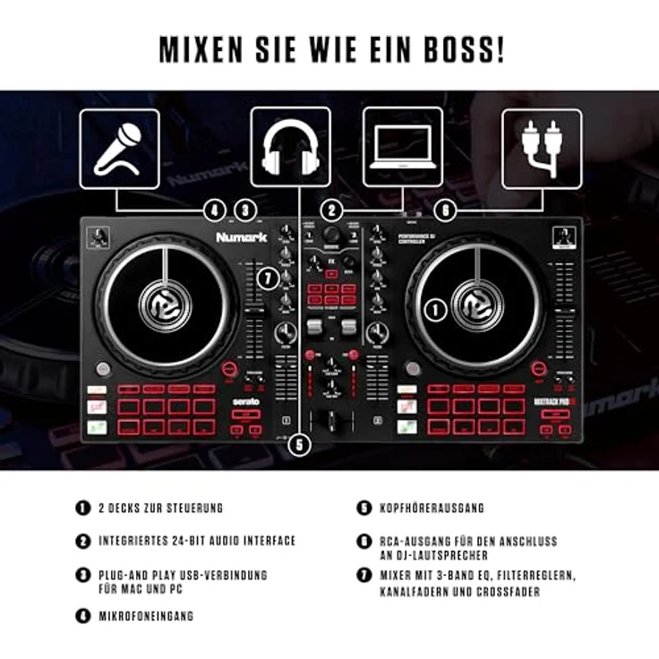 Numark Mixtrack Pro FX ? 2 Deck DJ-Controller für Serato DJ mit DJ-Mixer, integriertem Audio Interface, Touch-kapazitiven Jogwheels und Effekt-Paddel – Bild 3