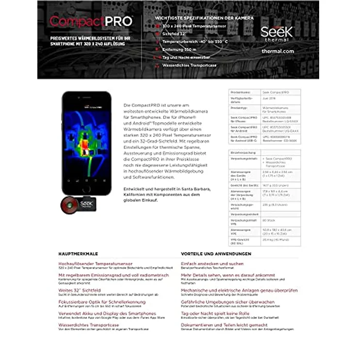 Seek Thermal CompactPRO FF (Fast Frame) Preiswertes Wärmebildsystem mit USB-C Anschluss und Wasserdichtem Schutzgehäuse für Android Smartphones - Schwarz – Bild 5