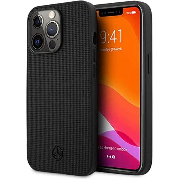 Mercedes MEHCP13LMBLBK Hülle für iPhone 13 Pro / 13 6,1" schwarz Leather Meshed Metal Logo – Bild 1