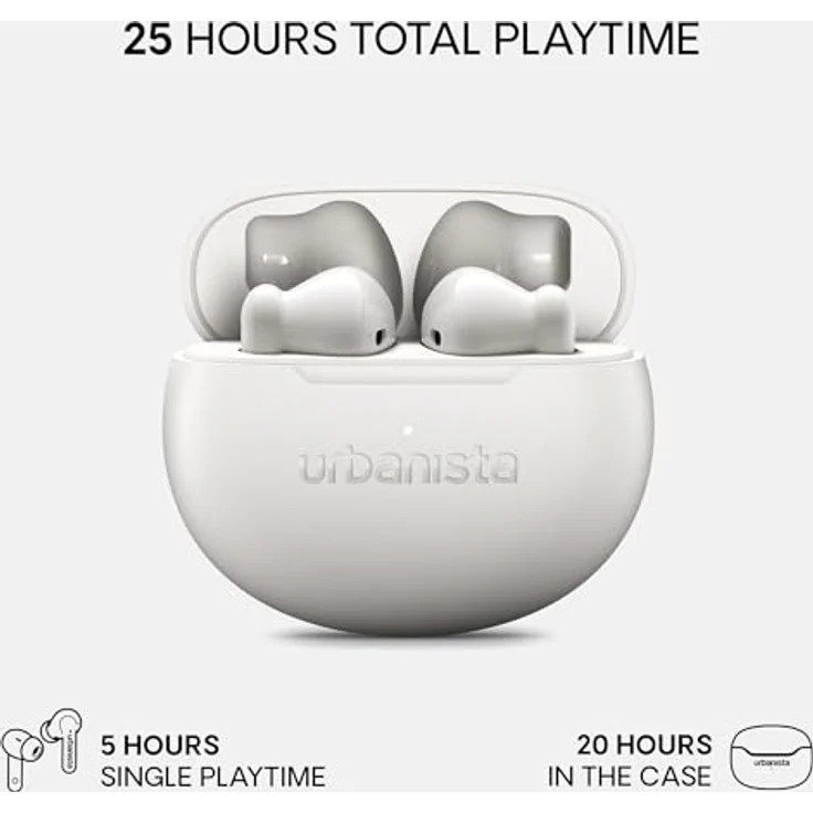 Urbanista Austin 2, True Wireless Stereo Kopfhörer mit aktiver Geräuschunterdrückung, 25 Stunden Akkulaufzeit, spritzwassergeschützt, Weiß – Bild 2